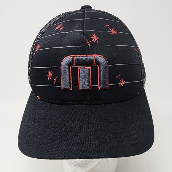 Travis Mathew Hat Men OS Palm Tree Logo Stripe Mesh Back Black Red Golf Snapback - Picture 1 of 9